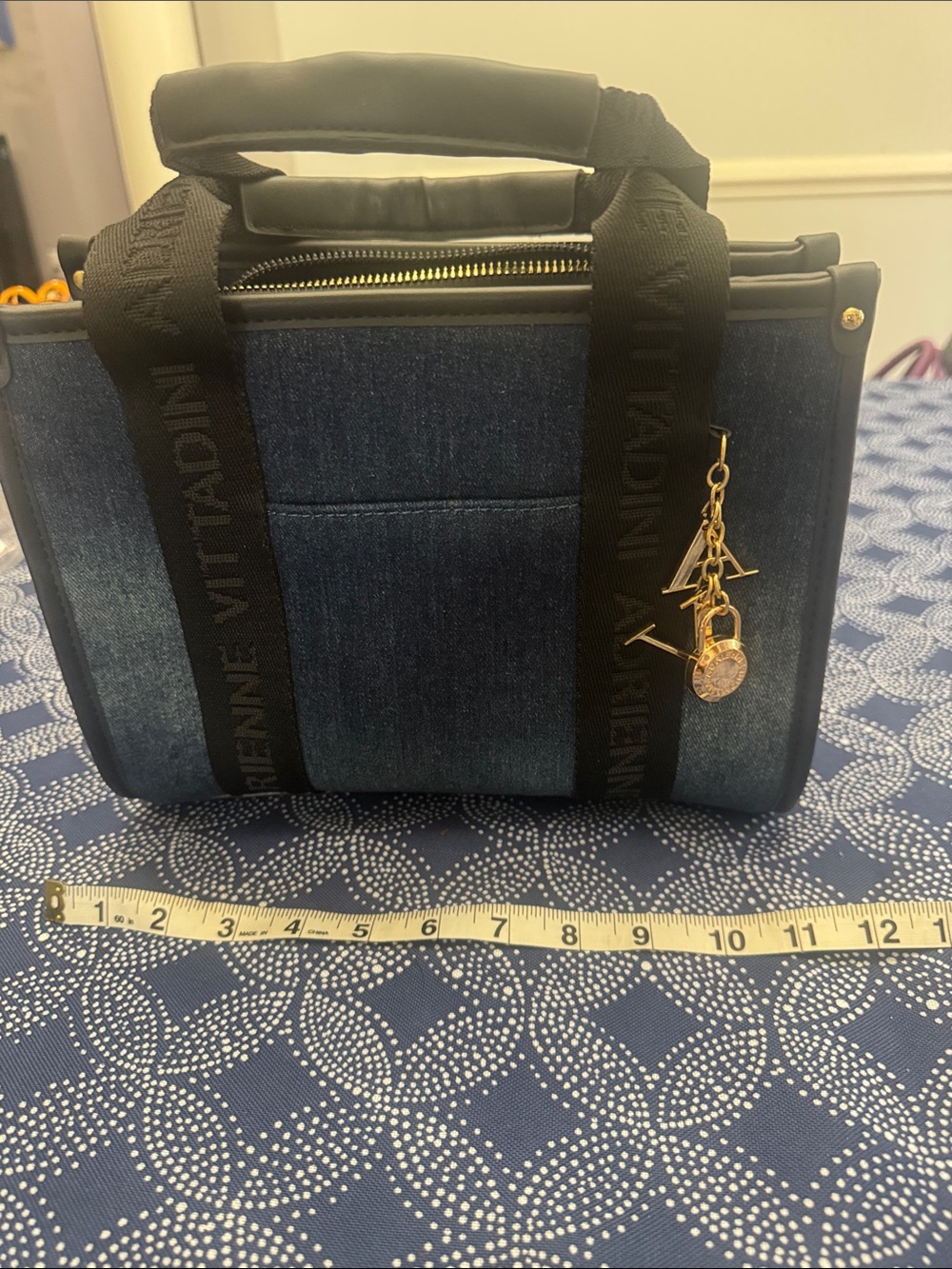 Adrienne Vittadini Denim Blue Tote with Black Straps and Gold Charm